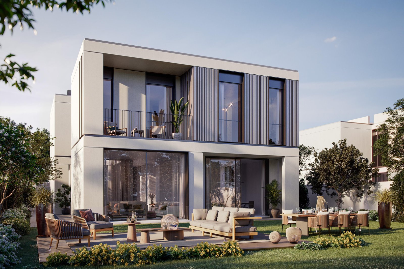 : Aerial view of Fay Hills Masdar City showcasing sustainable luxury villas, lush green corridors, and wellness-focused community design.